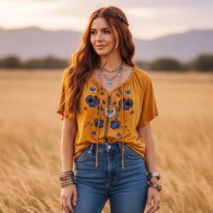 Carolyn Taylor Mustard Yellow Boho Blouse Floral Embroidery style print 2X Plus